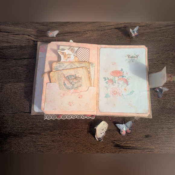 Butterfly Rustic Junk Journal- Handmade- Recycled Materials- Pink/Cream-Spring - Picture 5 of 8